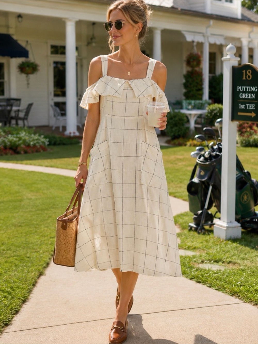 MNG 100% Linen Windowpane Ruffle Cold Shoulder Midi Dress S Minimalist Old Money